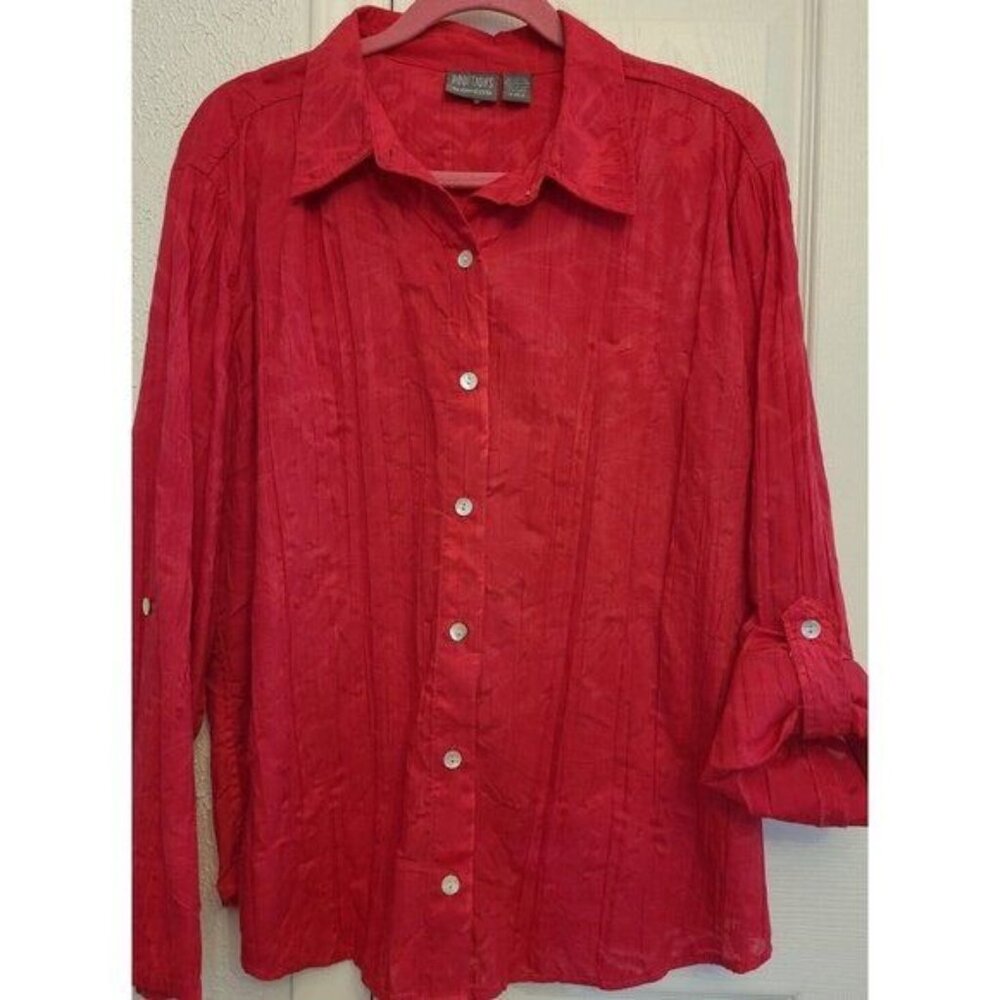 Additions by Chicos Top Sz 2 Womens Fuchsia Pink  Floral Buttons Roll Tab Sleeve